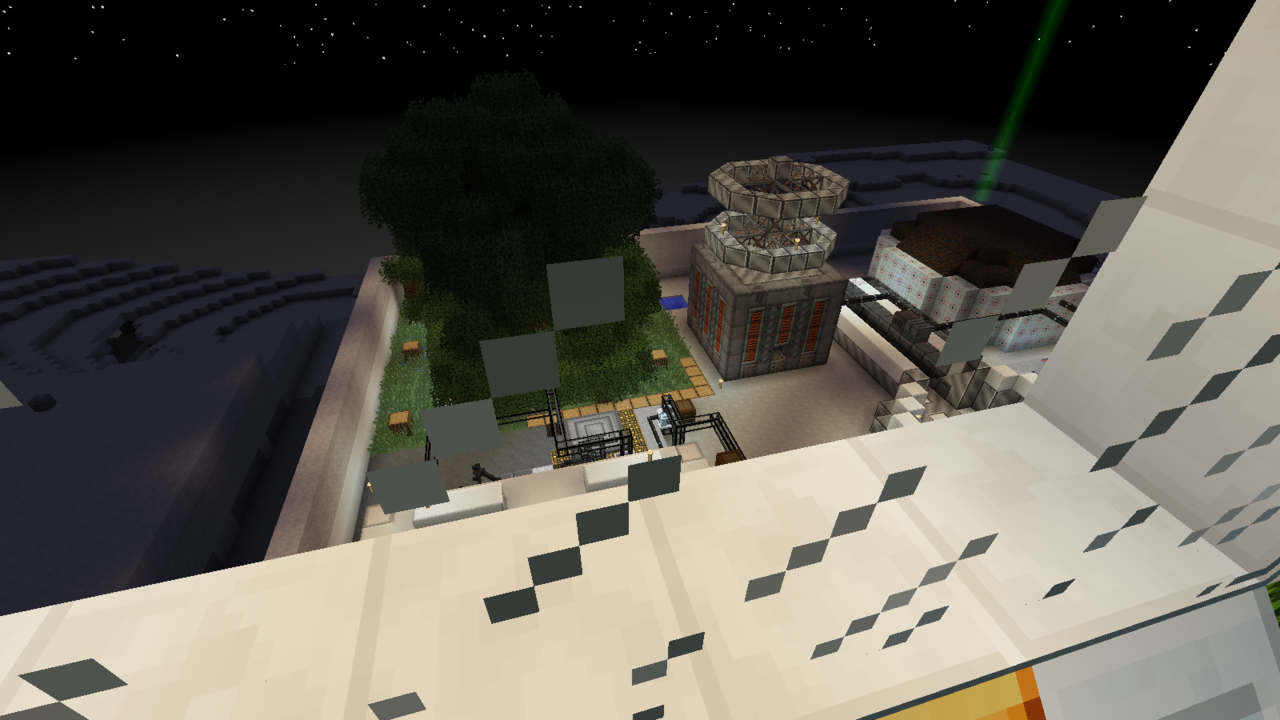 Another view of the base, featuring the oxygen/ tree farm, Fission chamber (with obligatory heat...