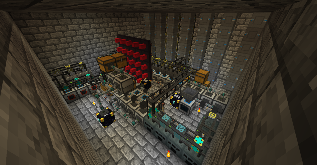 Randomly placed, but compact.  <br />
Includes auto-smelting, auto-alloying, auto-transposing,...