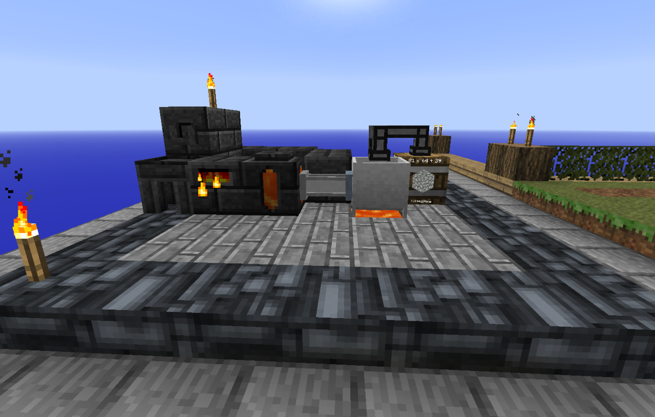 The 2x2 smeltery is fed by a crucible over lava.  The crucible and item barrel are fed by a...