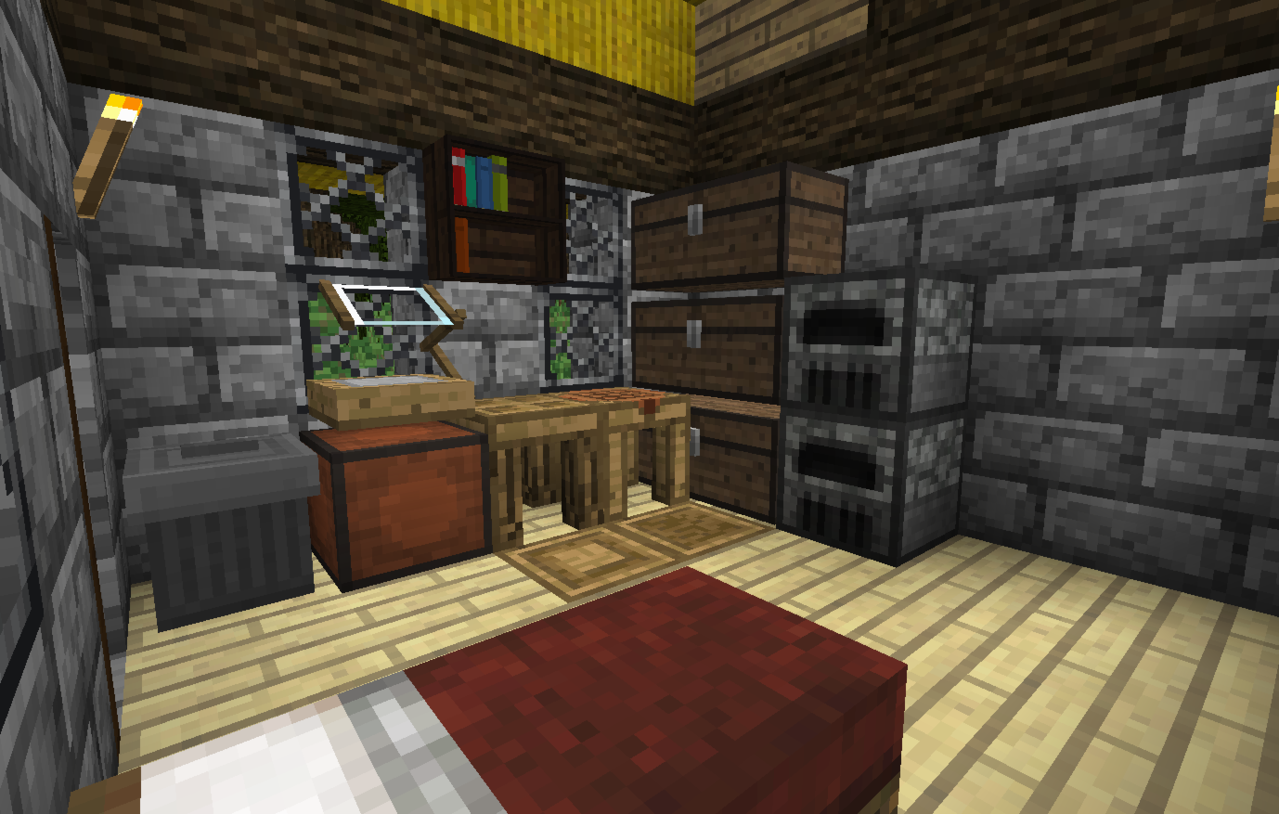 My main working area.  Tinker&#039;s stuff, storage, furnaces and a bed.  I&#039;ll put my tech...