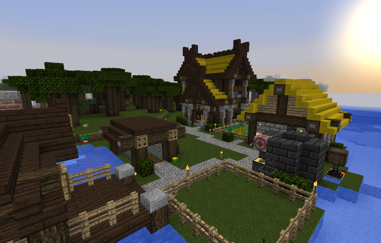 Fishing pier to the left, mineshaft in the middle, cottage/smeltery to the right and large house...