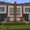 Walls are white clay, orange clay, light grey clay, and chisel modern stone.
Windows are light blue glass.
Carpenter doors with light blue glass.
Roof is stone slabs.
Paths are chisel concrete....