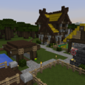 Fishing pier to the left, mineshaft in the middle, cottage/smeltery to the right and large house in the back.